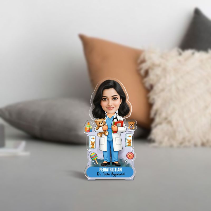 Personalized Pediatrician Doctor Caricature Standee Female Pediatric Doctor Photo Figurine Ideal Gift for Child Specialists Healthcare Professional Gift Battery Powered Moving Head